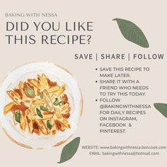 a flyer for an italian restaurant with pasta and basil leaves on the plate, which says did you like this recipe?