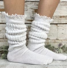 Super Thick Cotton WHITE Lace Slouch Socks Women, Hooter's Style Scrunchy Slouch Socks Lace, USA MADE Quality, Fun Cute Hosiery Fashion - Etsy Cute Fitted Knee-high Socks For Fall, Cute Elastic Socks For Spring, Cute Elastic Spring Socks, Fitted Lace Trim Socks For Winter, Fitted Lace Trim Winter Socks, Soft Fitted Cotton Socks, Cozy Knee-high Socks For Spring, Comfortable Leg Warmers For Spring, Fitted White Socks With Lace Trim