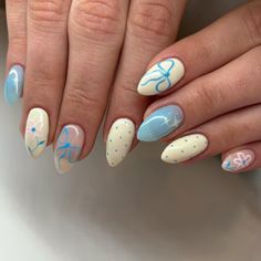 utah nail tech | hailey (@haileykaynails) • Instagram photos and videos Dainty Girly Nails, Italy Nail Ideas, Mismatched Nails Summer, Italy Nails, Pastel Blue Nails, Bow Nail Designs, Berry Nails, Bow Nails