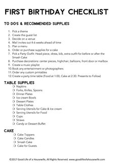 the first birthday checklist for cakes and cupcakes is shown in this printable