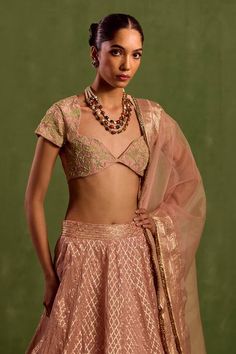 Pink can can attached lehenga with woven geometric jaal patterns and lace detail. Comes with dori embroidered padded blouse and kiran lace border dupatta. - Aza Fashions Elegant Brocade Choli With Sheer Dupatta, Elegant Brocade Choli For Navratri, Cape Lehenga, Kurta Lehenga, Lehenga Pattern, Diana Penty, Green Lehenga, Padded Blouse, Lehenga Skirt