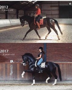 two pictures of a woman riding on the back of a horse