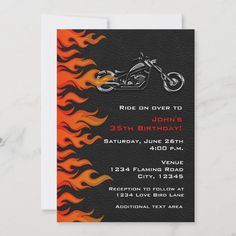 a motorcycle birthday party with flames on the side and black background, including an orange flame