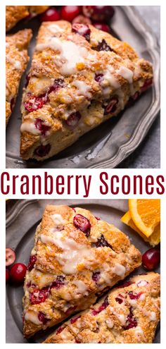 cranberry scones on a plate with orange slices