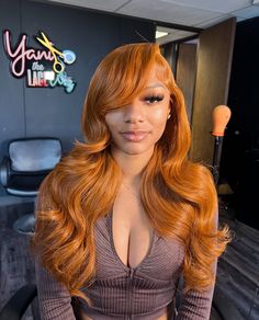 Copper Frontal Wig, Fall Wigs Black Women, Fall Frontal Wig Hairstyles, Ginger Wig Layers, Ginger Hair Side Part, Copper Lace Front Wigs Black Women, Ginger Hair Quick Weave, Dark Skin Colored Wig, Ginger Wig Install Black Women