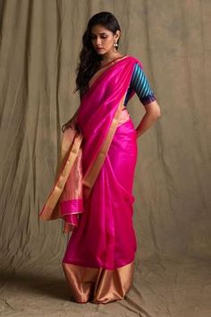 Shop for Priyanka Raajiv Pink Chanderi Embroidered Saree for Women Online at Aza Fashions Rani Pink Kanjeevaram Saree, Pink Sari With Contrast Blouse, Pink Silk Saree Contrast Blouse, Rani Pink Saree Contrast Blouse, Pink Saree With Contrast Blouse, Pink Saree Contrast Blouse, Benaras Sarees, Pink Color Saree, Kanjivaram Sarees Silk