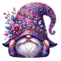 an illustration of a purple gnome with flowers on his head and long white hair, wearing a