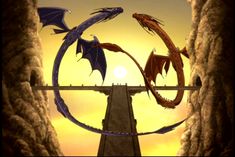 a girl standing on top of a bridge next to a dragon flying over her head