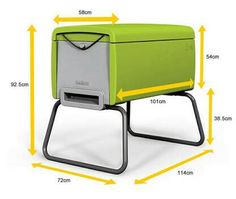 a green and gray cooler sitting on top of a metal stand with measurements for it