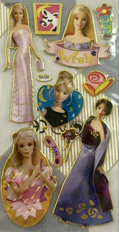 barbie doll stickers are shown on a sheet of plastic paper with gold trimmings