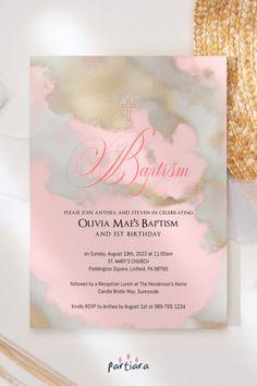 Self-editable 5x7" invite - follow the link for details and free demo! ♦ Easily edit online in your browser then download and print or send digitally ♦ An eye-catching invitation, creating memories for a girl's baptism - captivate your guests with this blush pink and gold cloud design ♦ #babygirlbaptism #pinkgoldbaptism #baptismprintable #baptism1stbirthday #baptismandbirthday #invitationgirl #baptismtemplate #baptismdownload Pink And Gold Invitations, Cloud Design, Baptism Invitation