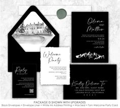 black and white wedding stationery with the words welcome