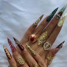 Jewel Tone Acrylic Nails, Gangsta Nails, Chicana Nails, Nails Jewellery, Ring Nails, Bio Jewelry, Jewelry Nails, Nail Trend