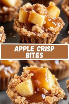 apple crisp bites with caramel toppings on top and below the words, apples crisp bites