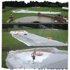 there are two pictures of a man playing in the water with an inflatable raft