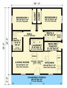 the floor plan for a two bedroom house with an attached bathroom and living room area