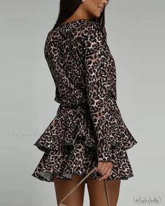 Lasaky - Leopard Print Long Sleeve Belted Layered Dress Casual Leopard Print Party Dress, Chic Leopard Print Dress For Day Out, Chic Long Sleeve Leopard Print Mini Dress, Chic Long Sleeve Leopard Print Dress, Long Sleeve Leopard Print Party Dress, Casual Mini Hem Party Dress, Casual Party Dress With Mini Hem, Long Sleeve Leopard Print Dress, Leopard Print Long Sleeve Dress For Spring