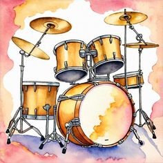 a watercolor painting of a drum set on a pink and yellow background with the drums in front of it