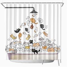 the shower curtain has many cats on it