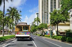 a trolley car is driving down the street in front of tall buildings and palm trees