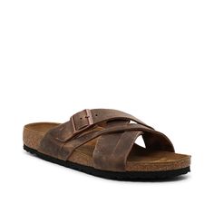 Birkenstock-Lugano Sandal - Men's Highlight a casual look with Lugano sandal from Birkenstock. The waxed leather gives this sandal a mdoern look, with the X-band silhouette adds dimension. Birkenstock Lugano, Band Silhouette, Mens Highlights, Mens Sandals, Casual Look, Mens Flip Flop, Birkenstock, Casual Looks, Dark Brown