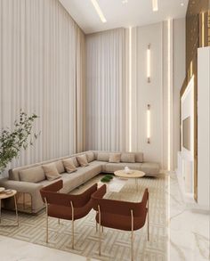 a living room with white walls and beige furniture