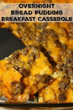 a close up of food on a plate with the words overnight bread pudding breakfast casserole