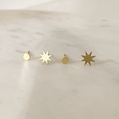 ◒ STAR MOON STUD DUO - Textured tiny moon & star burst stud pack.  Double up and save with these celestial themed studs.  Each pack comes with one pair of star burst studs and one pair of textured full moons.  Simple, perfect everyday earrings no matter your personal style. A great addition if you have multiple piercings or pretty sweet worn solo.  DETAILS AND FINISHINGS ▴ Each piece is handmade.  Please expect slight variations between each item and the photograph in the listing. ▴ Raw brass st Minimalist Star-shaped Everyday Jewelry, Minimalist Star Charm Earrings, Minimalist Star Charm Earrings For Everyday, Minimalist Star Earrings For Everyday, Star Burst, Moon Studs, Gold Sun, Star Moon, Hypoallergenic Earrings