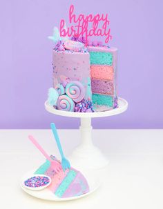 there is a birthday cake and fork on the plate next to it with purple background