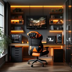 a black and orange office chair sitting in front of a desk with a television on it