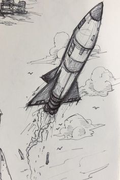 a drawing of a rocket launching into the sky