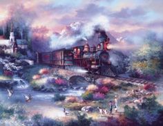 an oil painting of a train traveling down the tracks