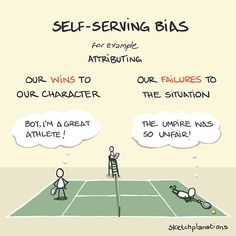 a cartoon depicting two people on a tennis court with words above them that say self - serving