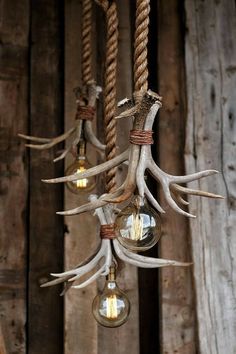 three light bulbs hanging from a rope with antlers attached to the lightshades