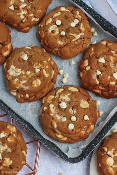 chocolate chip cookies with nuts on a baking sheet