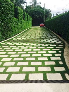 a red car is parked in the middle of a mazed path with grass on both sides