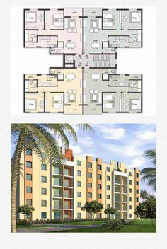 the floor plan for an apartment building with two floors and three levels, in different colors