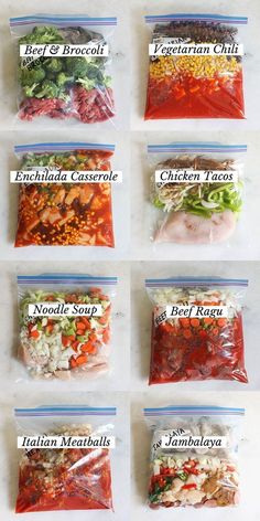 six bags filled with different types of vegetables and meats in plastic wrappers on a table