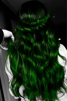 Jade Green Hair Color, Phantom Green Hair, Black To Green Hair, Dark Green Highlights In Brown Hair, Slytherin Hair, Funky Hair Color Ideas, Emerald Green Hair, Emerald Hair