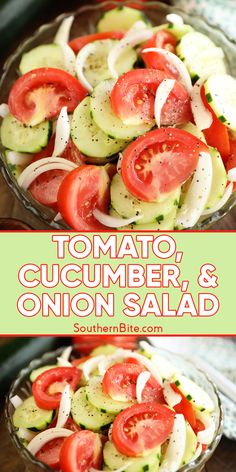 tomato, cucumber and onion salad in a bowl with the title above it