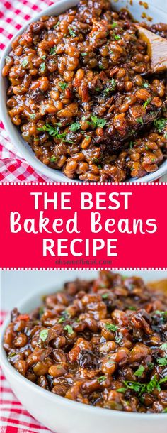 the best baked beans recipe in a white bowl on a red and white checkered tablecloth