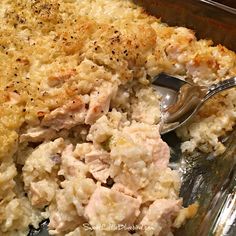 a casserole dish with chicken and rice in it