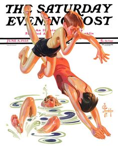 the saturday evening news cover shows two women diving in water and playing with each other