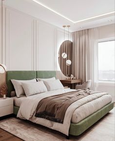 a bedroom with a large bed and a round mirror on the wall