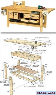 the plans for a workbench are shown in two different views, one with drawers and