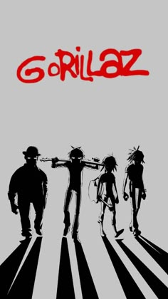 the poster for gorillaz is shown in black and white with red lettering on it