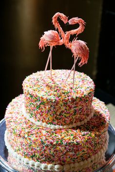 a cake with sprinkles and two flamingos on top