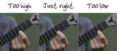 three pictures showing how to play the ukulele