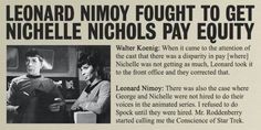 a newspaper article with an image of two people talking to each other and the caption reads, leonard nimoy fought to get niches pay equity