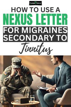 Illustration of a veteran holding their head in pain, representing migraines secondary to tinnitus. Text overlay: 'VA Claims for Migraines Secondary to Tinnitus: Tips & Nexus Letter Importance. Being Used, Improve Yourself, How To Use